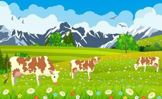 três vacas dentro uma panorama e Fazenda. vetor