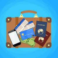 viagem mala de viagem Passaporte e avião bilhetes vetor