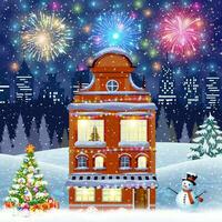 desenho animado retro alegre Natal noite ilustração cidade casas fachadas vetor