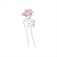 rosa flor contínuo linha desenhando do uma mão contenção. lindo rosa flor simples linha arte com ativo strok vetor