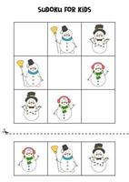 jogo de sudoku para crianças com bonecos de neve bonitos dos desenhos animados. vetor