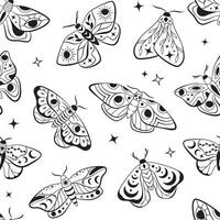 celestial lua noite mariposas, desatado padrão, fundo. esotérico borboletas, boho linha ilustrações, vetor desenhos