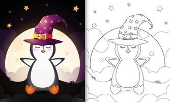 livro para colorir com um pinguim fofo de bruxa de halloween em frente à lua vetor