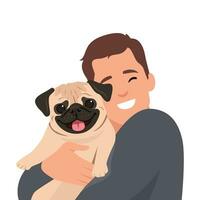 jovem homem abraçando pequeno cachorro animal. sorridente Garoto acariciando doméstico animal. amizade entre uma homem e animal. fofa amigáveis pug. vetor