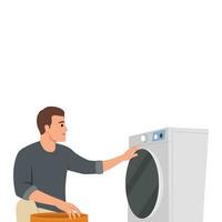 homem lava as roupas com máquina de lavar. vetor