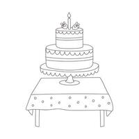 mão desenhado aniversário bolo com velas em a mesa com toalha de mesa. doce comida, sobremesa. símbolo do celebração. esboço rabisco vetor Preto e branco ilustração isolado em uma branco fundo