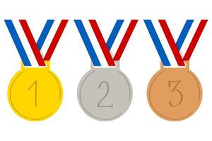 uma conjunto ouro, prata e bronze olímpico medalhas. Esportes jogos prêmio. isolado em branco. vetor