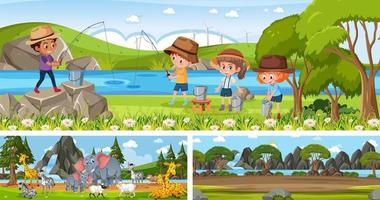 conjunto de paisagem panorâmica ao ar livre com personagem de desenho animado vetor