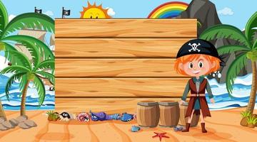 garota pirata na cena diurna da praia com um modelo de banner vazio vetor