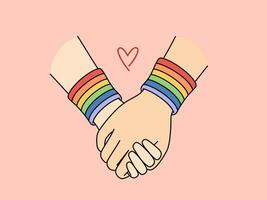 segurando mãos com lgbt pulseiras simbolizando amor entre gays ou lésbicas ou tolerância para lgbtq comunidade. conceito do sexual liberdade e proteção do direitos do lgbt pessoas dentro mês do orgulho vetor