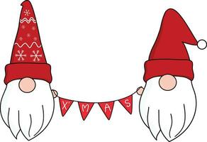 fofa dois gnomos dentro vermelho santa cláusula chapéu segurando triângulo bandeiras juntos comemoro Natal e Novo ano. vetor. vetor