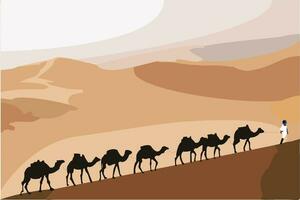 camelo caravana indo através a areia dunas dentro a sahara deserto, camelo dentro deserto concept.illustration do camelo desenho animado vetor