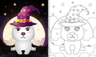 livro para colorir com um desenho animado bonito urso polar de bruxa de halloween em frente à lua vetor