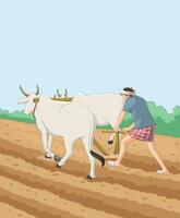 agricultor arar campo com boi carrinho vetor