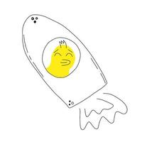 pato amarelo bonito, pato em uma ilustração vetorial de foguete. brinquedo de borracha para crianças. pássaro, rabiscos, desenhados à mão. ilustração vetorial. vetor