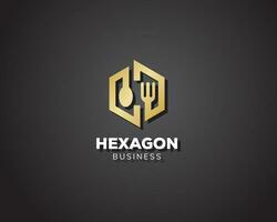 hexágono Comida logotipo criativo emblema marca linha ouro vetor
