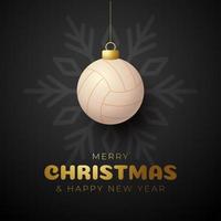voleibol, feliz Natal e feliz ano novo, cartão de felicitações de esportes de luxo. bola de vôlei como uma bola de Natal no fundo. ilustração vetorial. vetor