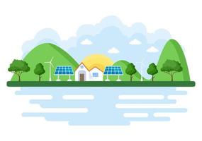 fonte de energia ecológica sustentável fundo vector ilustração plana edifícios de estação de energia com painéis solares, gás, geotérmico, renovável, água e turbinas eólicas