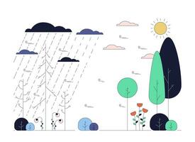 natureza temporadas mudando linha desenho animado plano ilustração. chuvoso mau clima transito para ensolarado dia 2d lineart panorama isolado em branco fundo. primavera inverno cena vetor cor imagem