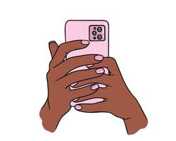 telefone dentro mão do americano ou africano mulher. ilustração para impressão, fundos e embalagem. imagem pode estar usava para cumprimento cartões, cartazes e adesivos. isolado em branco fundo. vetor