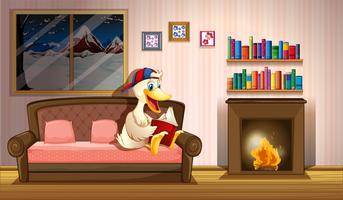 Um pato lendo um livro ao lado de uma lareira