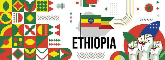 Etiópia nacional ou independência dia bandeira para país celebração. bandeira e mapa do Etiópia com elevado punhos. moderno retro Projeto com typorgaphy abstrato geométrico ícones. vetor ilustração