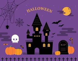 cartão de dia das bruxas. silhueta bonito do castelo em fundo roxo e itens de abóboras de halloween em torno dele. ilustração em vetor estilo design plano.