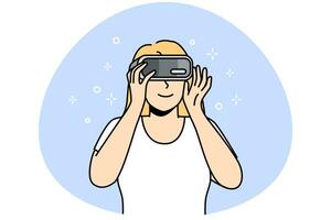 mulher sorridente em óculos vr explorar novos horizontes. garota feliz no fone de ouvido de realidade virtual aproveite a tecnologia moderna. ilustração vetorial. vetor