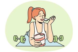 menina sorridente deitada no tapete de fitness comendo sorvete. jovem feliz sair do esporte desfrutar de sobremesa de jar. dieta e nutrição. ilustração vetorial. vetor