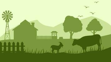 terras agrícolas panorama vetor ilustração. campo silhueta com gado vaca e cabra. rural agricultura panorama para ilustração, fundo ou papel de parede