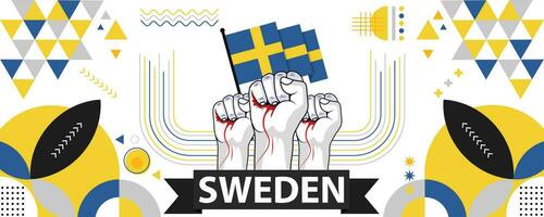 Suécia nacional ou independência dia bandeira para país celebração. bandeira do sueco com elevado punhos. moderno retro Projeto com typorgaphy abstrato geométrico ícones. vetor ilustração.