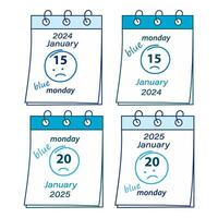 2024 e 2025 azul Segunda-feira encontro janeiro 15º e 20 em uma calendário folhas com mão desenhado risonho vetor