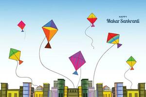 Makar Sankranti celebração com colorida pipas cartão fundo vetor
