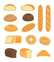 conjunto do desenho animado cozimento pastelaria produtos para padaria cardápio, receita livro. francês baguete, centeio pão, todo trigo pão, bagel, croissant, brinde, fermento, ciabatta, todo grão. vetor plano ilustração.