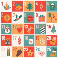 calendário do advento de Natal em estilo desenhado à mão plana, pôster festivo de vetor