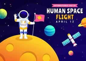 internacional dia do humano espaço voar vetor ilustração em 12 abril com astronauta em pé em a lua, transmissor satélites e planetas