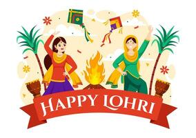 feliz Lohri festival do punjab Índia vetor ilustração do jogando dança e celebração fogueira com bateria e pipas dentro plano desenho animado fundo