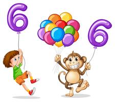 Menino e macaco com balão número seis vetor