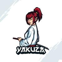 mascote logotipo do uma mulher com vermelho cabelo dentro uma rabo de cavalo vestindo uma branco quimono e segurando uma Katana vetor