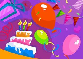 banner de feliz aniversário com bolo e decorações. vetor