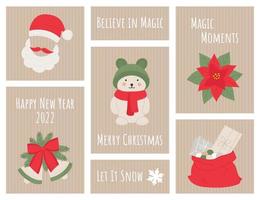 etiqueta de ano novo de natal, etiqueta, cartão postal, convite, cartaz com quoutes, papai noel, sinos, urso, presentes. vetor