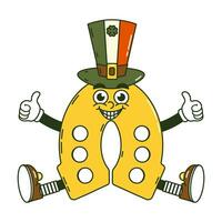 feliz santo patricks dia retro adesivo. funky groovy desenho animado personagem dourado ferradura com uma chapéu dentro a cores do a irlandês bandeira. vintage engraçado mascote fragmento psicodélico sorrir e emoção. quadrinho vetor