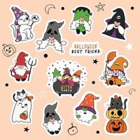 conjunto de gnomo de halloween fofo e gato na coleção de adesivos de desenhos animados de festa à fantasia. vetor