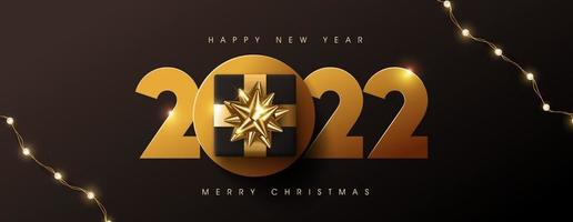Feliz Natal e Feliz Ano Novo 2022 com design de texto decorado com caixa de presente vetor