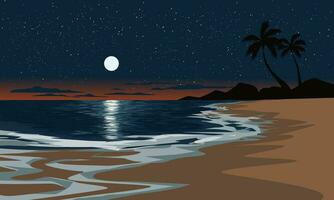 surpreendente estrelado noite às de praia com Palma árvores e cheio lua vetor