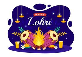 feliz Lohri festival do punjab Índia vetor ilustração do jogando dança e celebração fogueira com bateria e pipas dentro plano desenho animado fundo