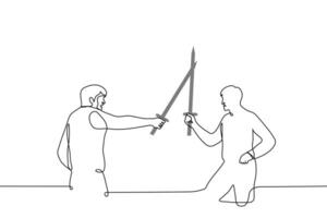 dois homens cruzado espadas com agressão - 1 linha desenhando vetor. espada luta conceito vetor