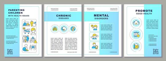 2d parentalidade crianças com saúde problemas azul folheto modelo, folheto Projeto com fino linha ícones, 4 vetor layouts.