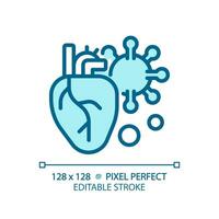 2d pixel perfeito editável azul coração com vírus ícone, isolado monocromático vetor, fino linha ilustração representando bactérias. vetor