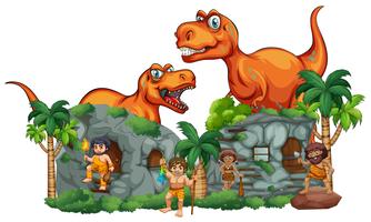 T-Rex e homens das cavernas no stonehouse vetor